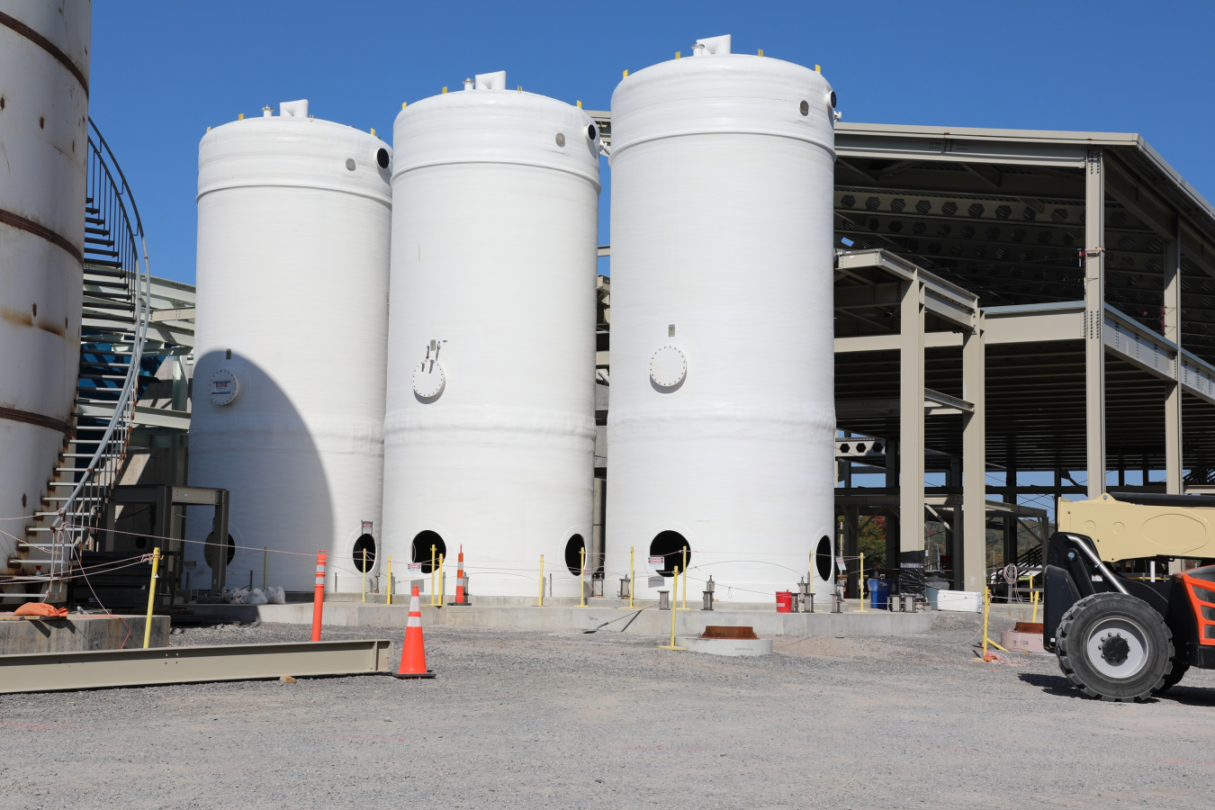 Three sludge-settling tanks at the Mercury Treatment Facility’s treatment plant. 