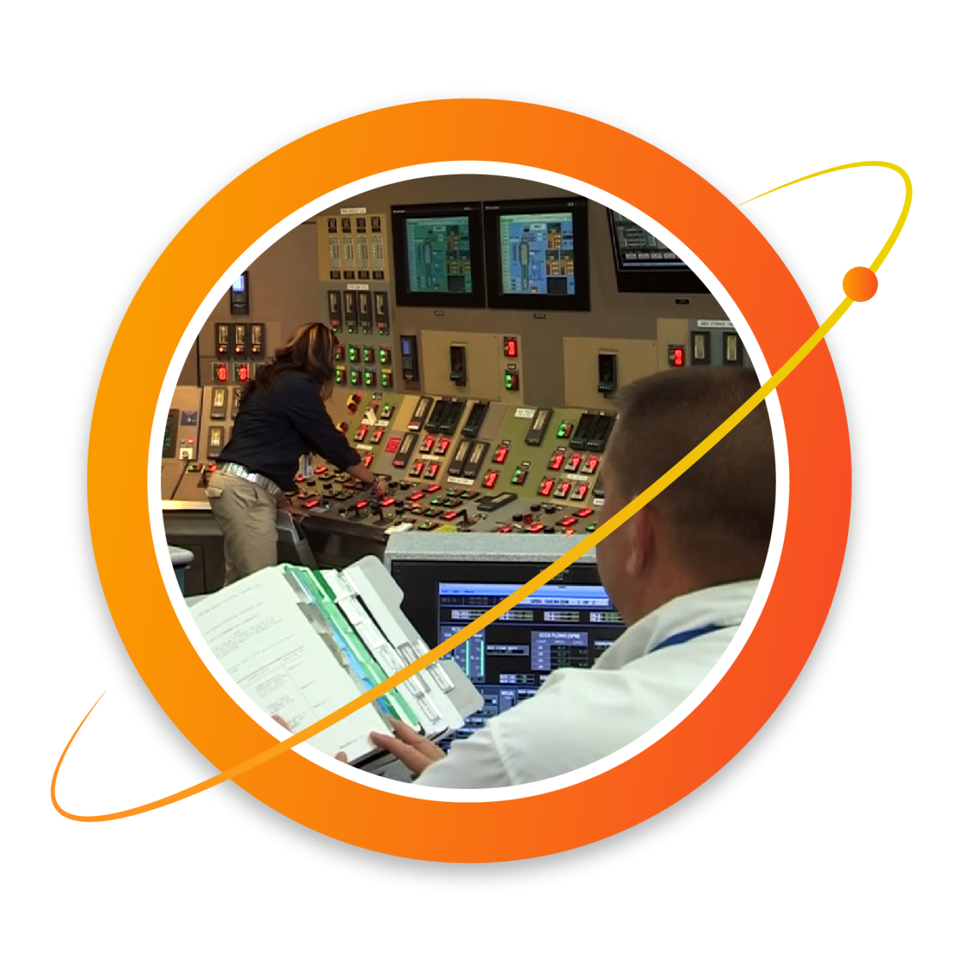 Circular thumbnail showing a nuclear reactor control room