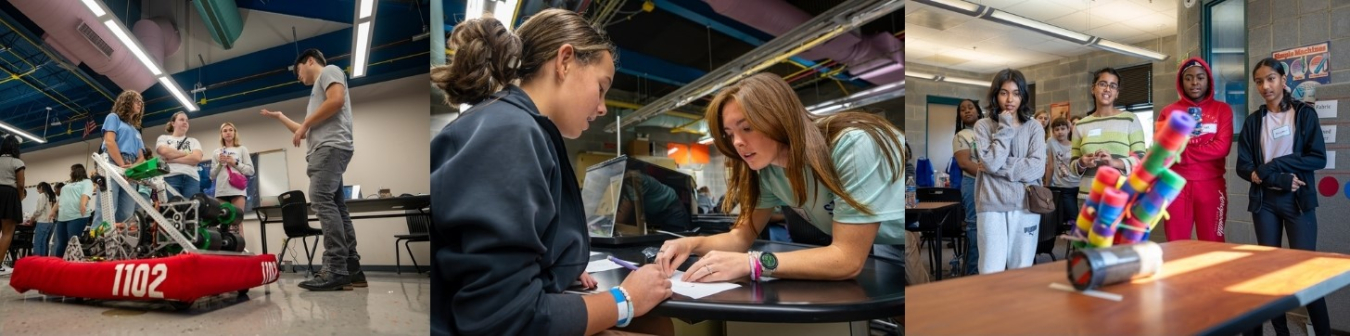a collection of images of students performing science activities