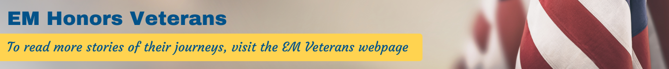A banner of an image of an American flag with a yellow box with blue text on the left side
