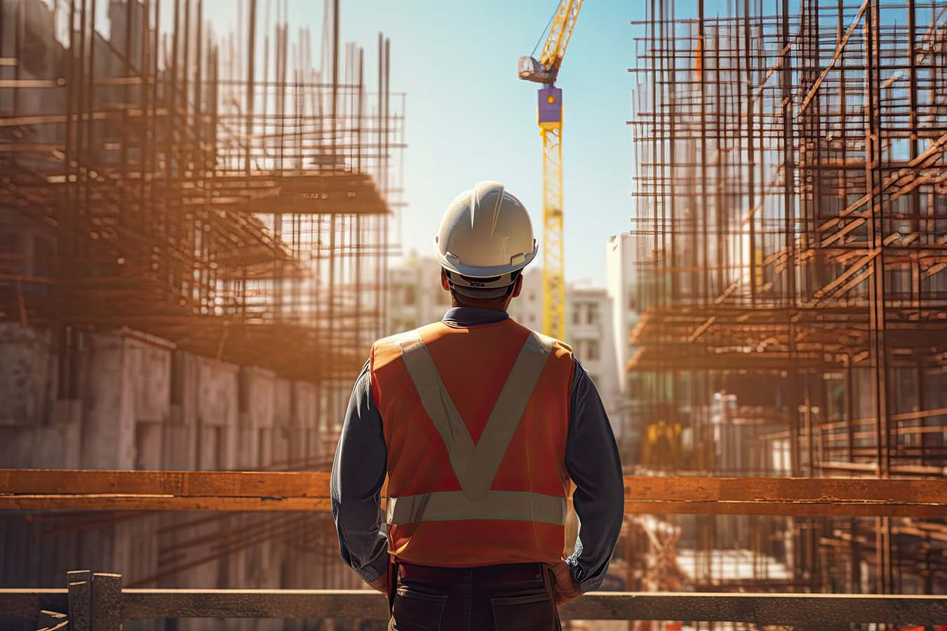 A civil engineer stands looking at the construction site