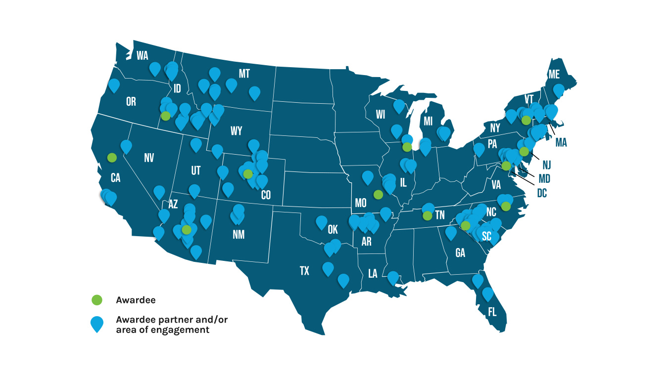 Map of the United States with points labeled on it for awardees and awardee partners and/or areas of engagement.