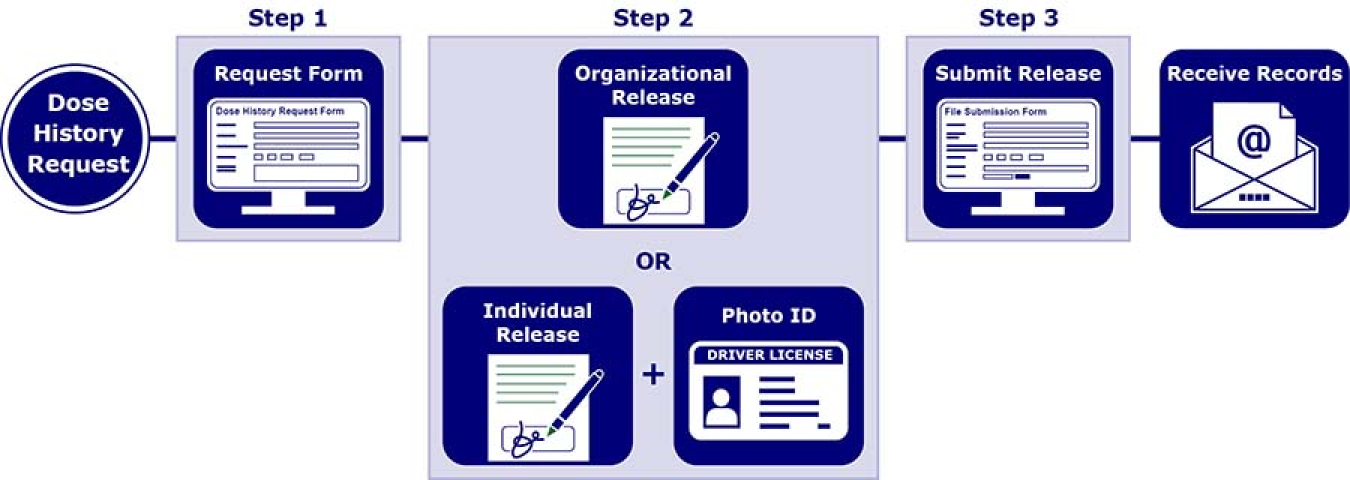 A graphical illustration of the Dose History Request process, as detailed on this page