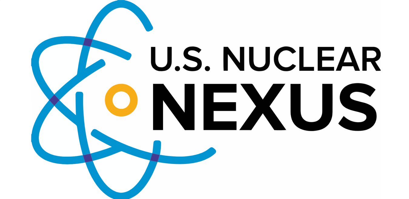 The outline of an atom with blue electron orbital rings and a yellow nucleus with U.S. Nuclear Nexus next to it.