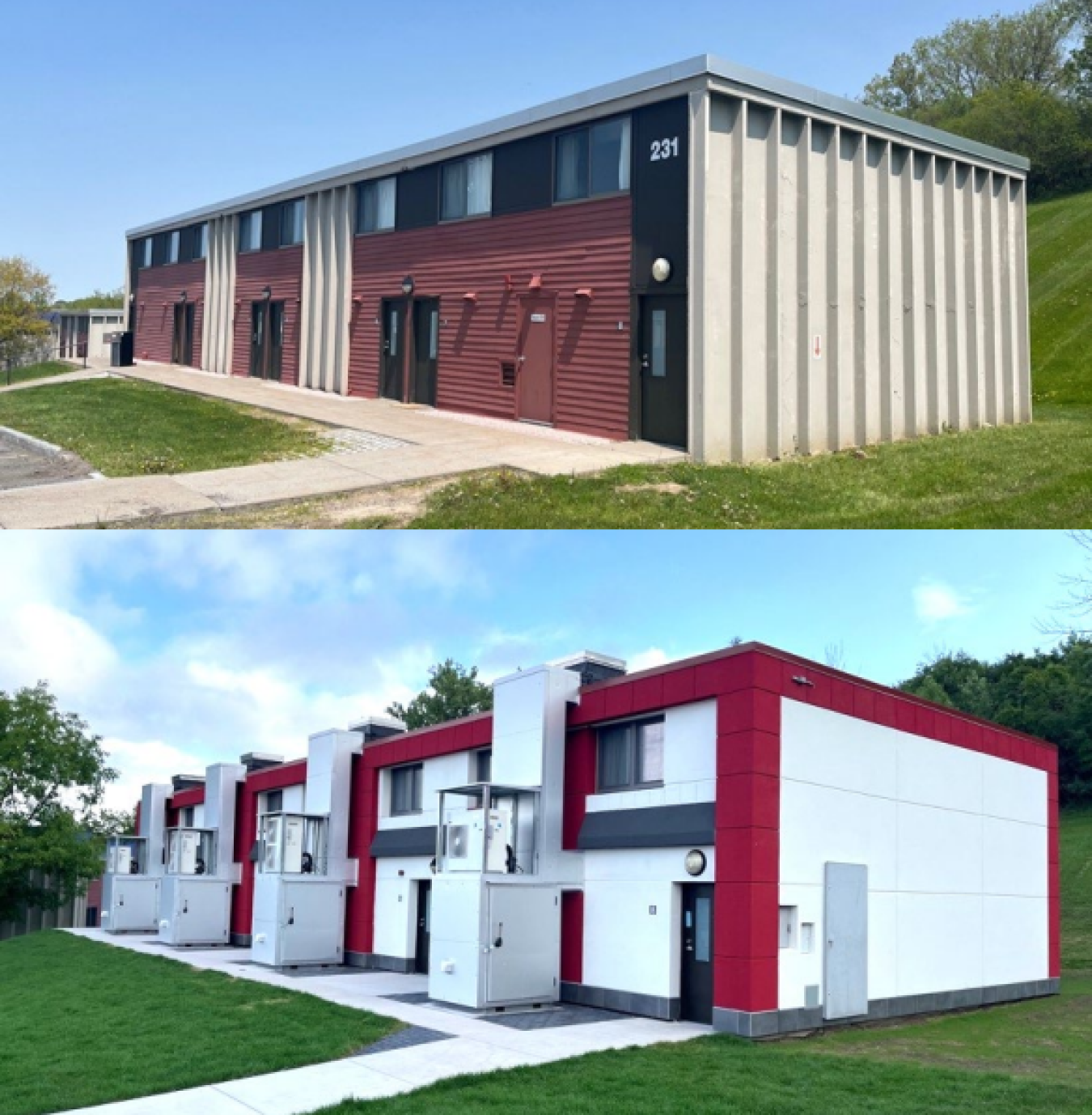 Two building images representing the before and after retrofit on Syracuse University student housing.