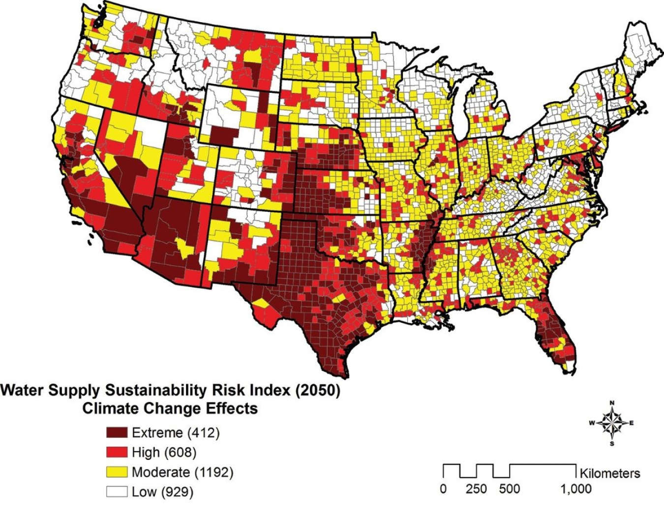 Map of the United States with each municipality outlined. The map illustrates the future risk to water supply sustainability. Many areas in the Southern and Western United States have high to extreme water sustainability risks by 2050