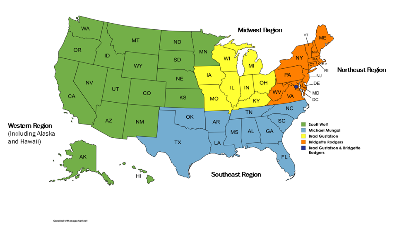 A map of the United States with its regions divided to show which areas are covered by a designated Federal Energy Management Program federal project executive.
