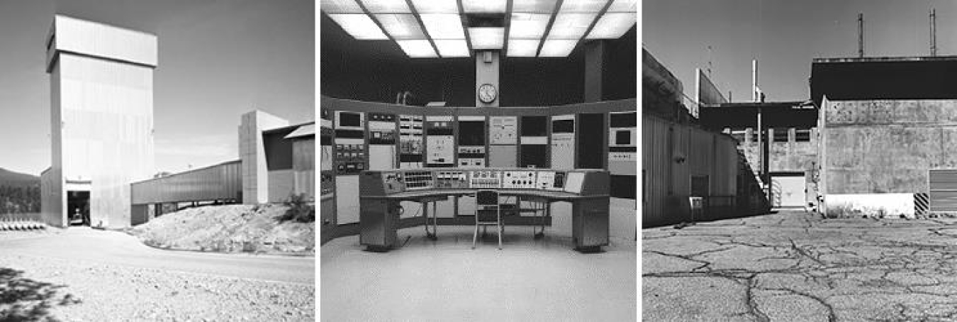 Three black and white images of the inside and outside of the Ion Beam Facility at Los Alamos in its early days