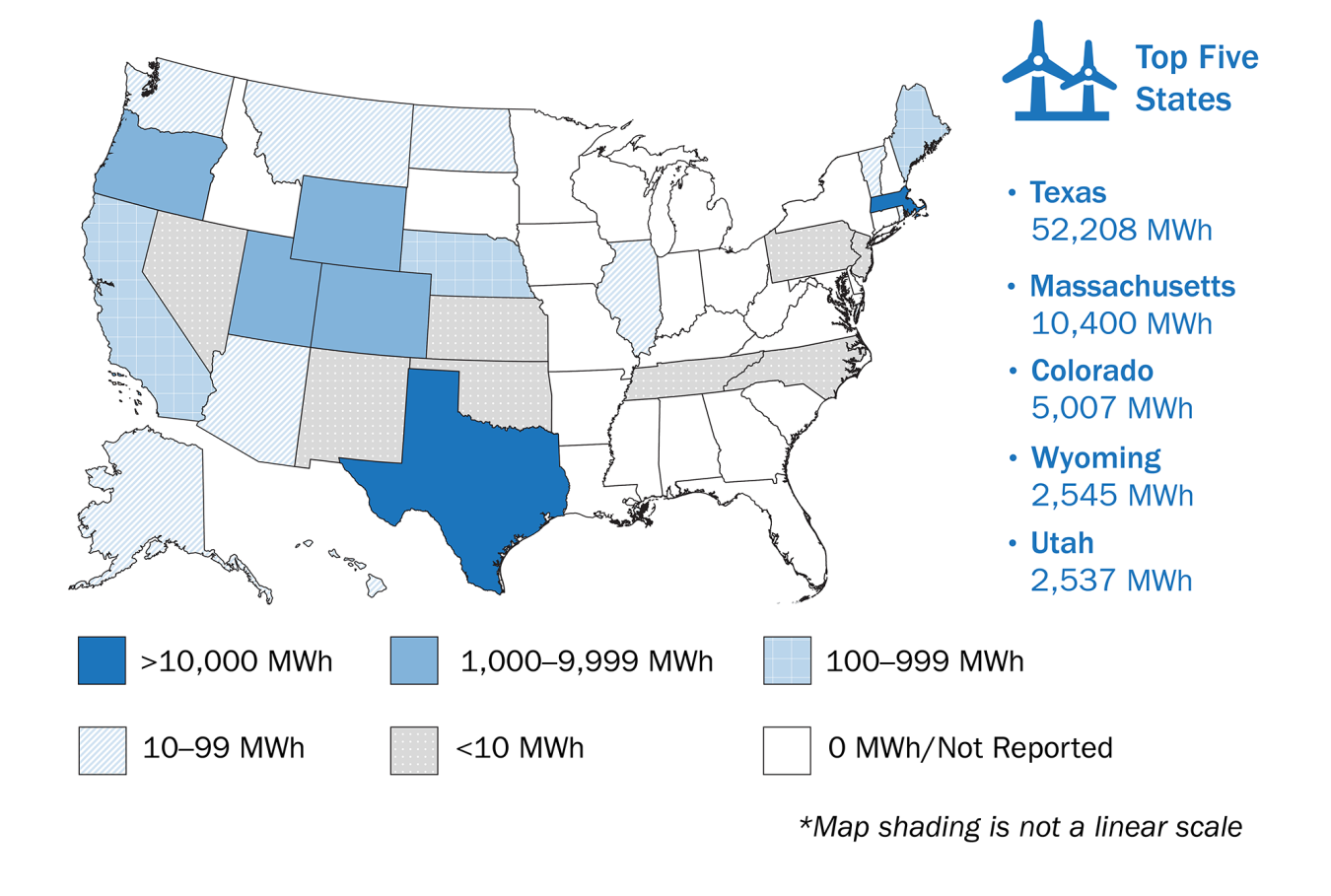 A heat map indicating the use of renewable electricity with on-site wind energy projects.