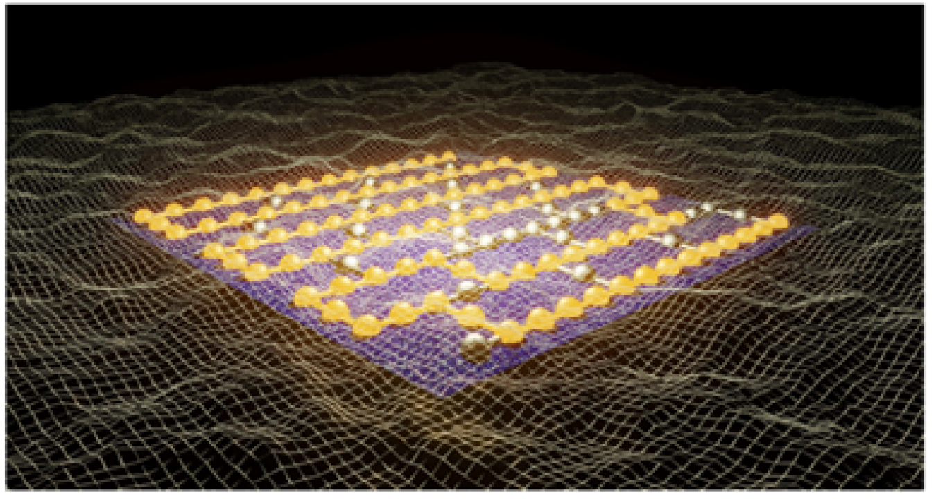 An artist’s impression of a quantum electrodynamics simulation using 100 qubits of an IBM quantum computer. The spheres and lines denote the qubits and connectivity of the IBM quantum processor; gold spheres denote the qubits used in the simulation.