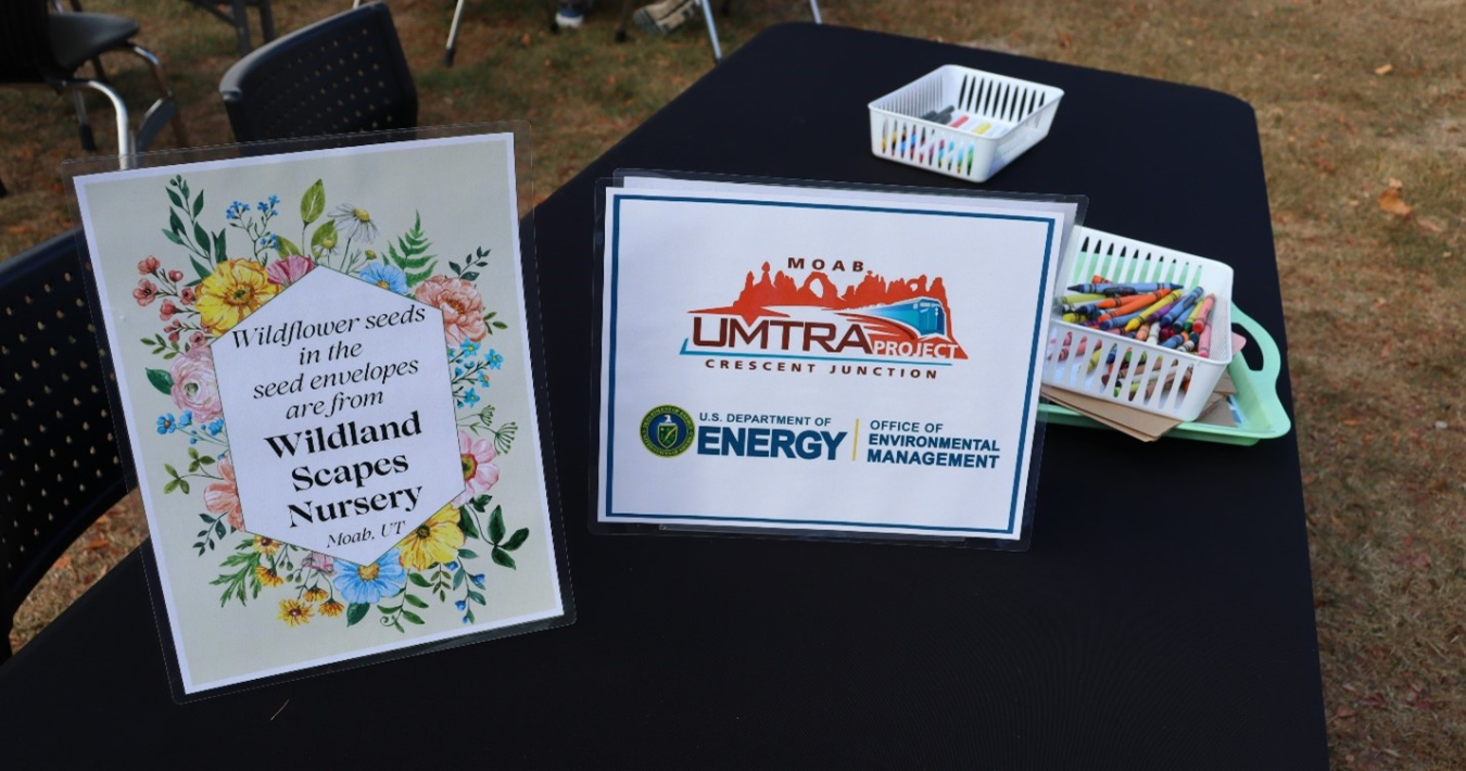An upclose shot of an activity project table with two signs and crayons on the table