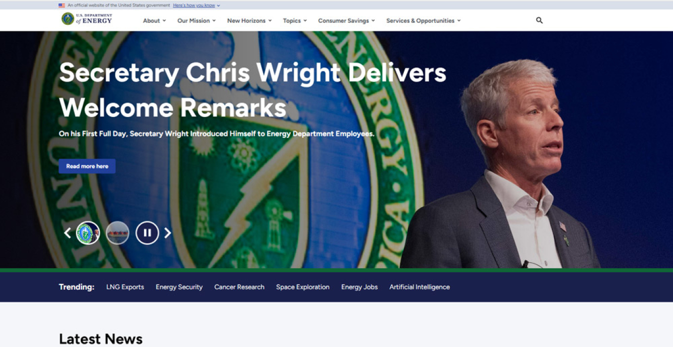 Screenshot of the redesigned Energy.gov website, circa 2025
