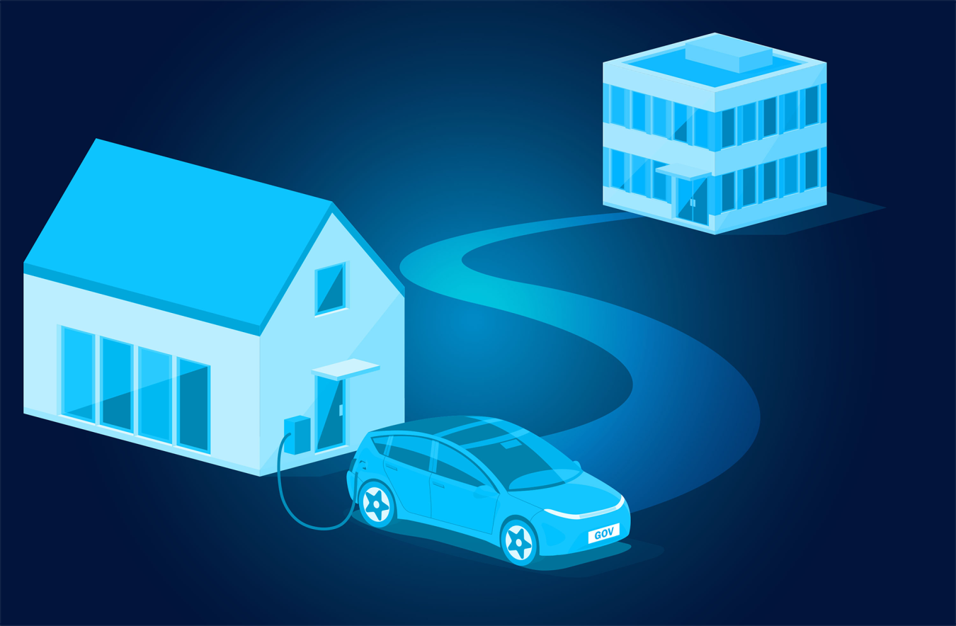 Graphic of electric vehicle in home driveway with road to office building
