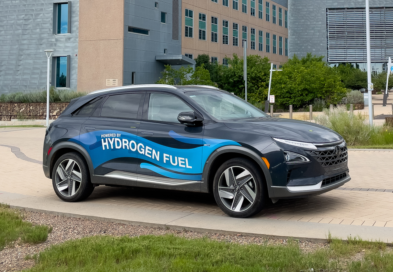 Hyundai hydrogen fuel vehicle on the South Table Mountain Campus (STM) of the National Renewable Energy Laboratory (NREL).