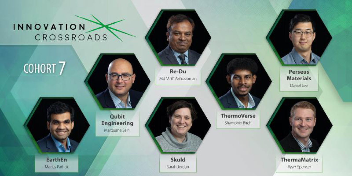 A banner labeled "Innovation Crossroads Cohort 7" showing seven headshots in hexagons.