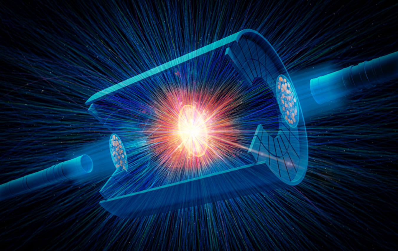 Drawing of real charged particle tracks from a collision of two uranium nuclei, shown exaggerated in size and flattened by the effects of traveling close to the speed of light, over a sketch of the STAR detector at the Relativistic Heavy Ion Collider.