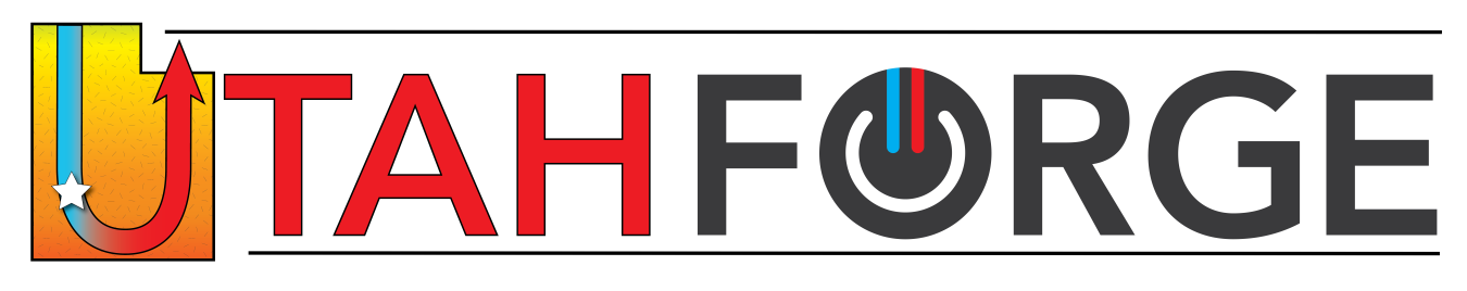 Utah FORGE logo. The U of Utah is made of a well with hot and cool liquid overlaid on an outline of the state of Utah.