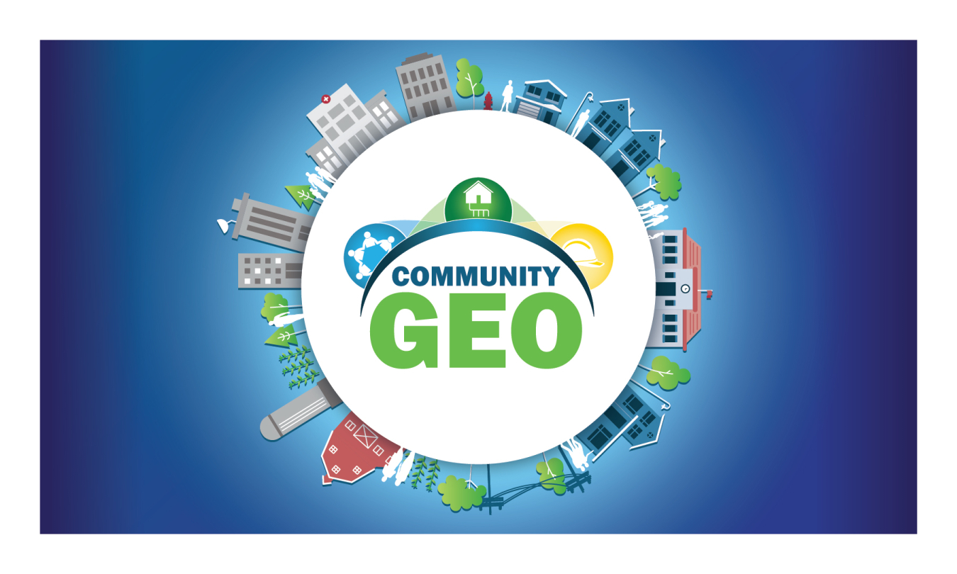 The Community Geothermal identifier (the words Community Geo bordered by icons representing partnership, geothermal heat pumps, and workforce) in the middle of a white circle. The circle is bordered by illustrations of municipal buildings, office buildings, farms, homes, trees, people, and electricity transmission towers, against a blue background.