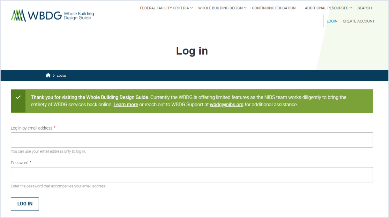 Account registration page for the Whole Building Design Guide website.