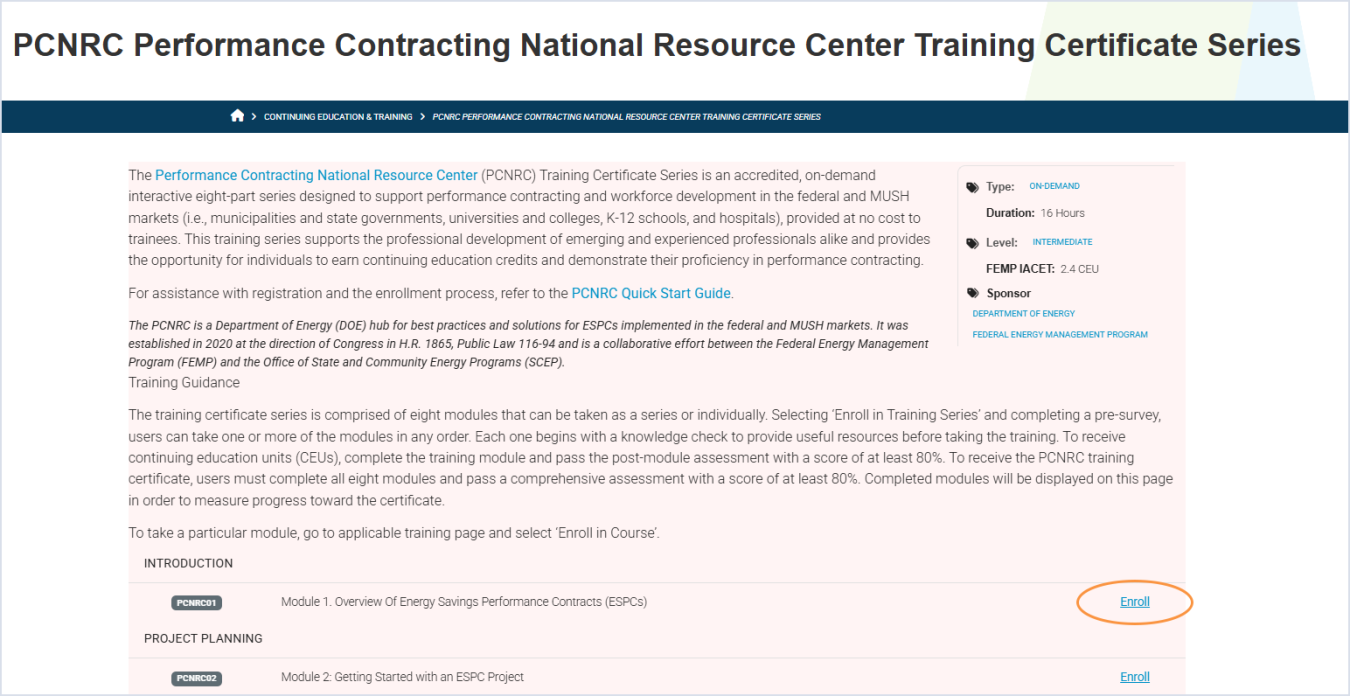 PCNRC Training Series webpage with a circle around the "Enroll" button.