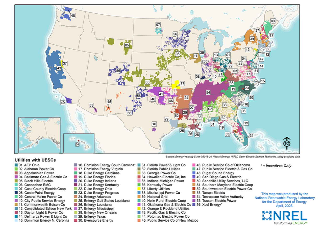 U.S. map with color-coded regions corresponding to the utilities listed below it.