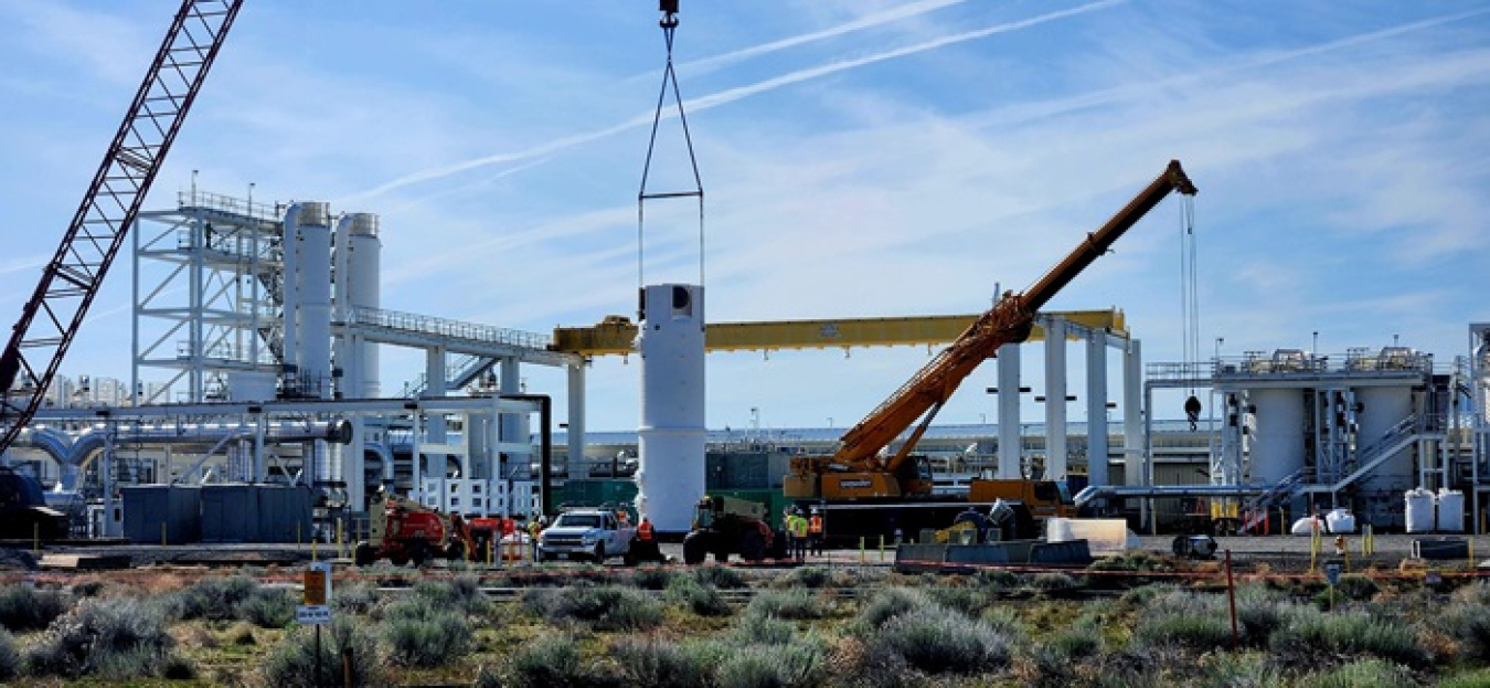 View of installed third air stripper tower at Hanford’s Central Plateau.