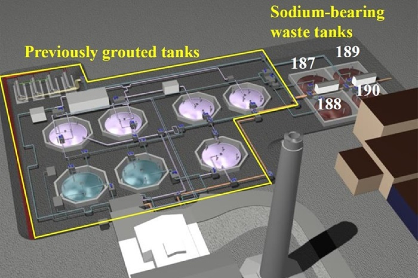 Graphic image showing previously grouted tanks and location of sodium bearing waste tanks.