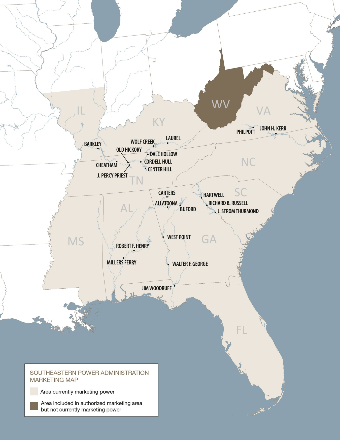 Map showing Alabama, Florida, Georgia, Illinois, Kentucky, Mississippi, North Carolina, South Carolina, Tennessee, Virginia and West Virginia.