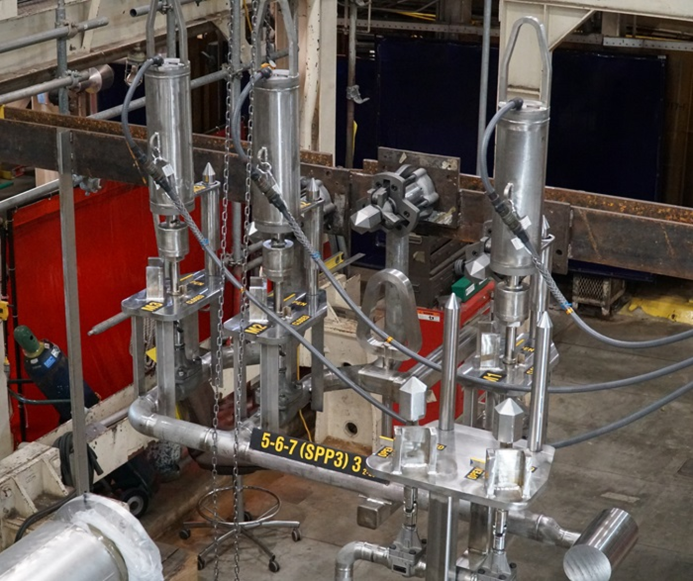 A unit of remote-controlled valves is shown prior to its installation in the Savannah River Site Liquid Waste Program.