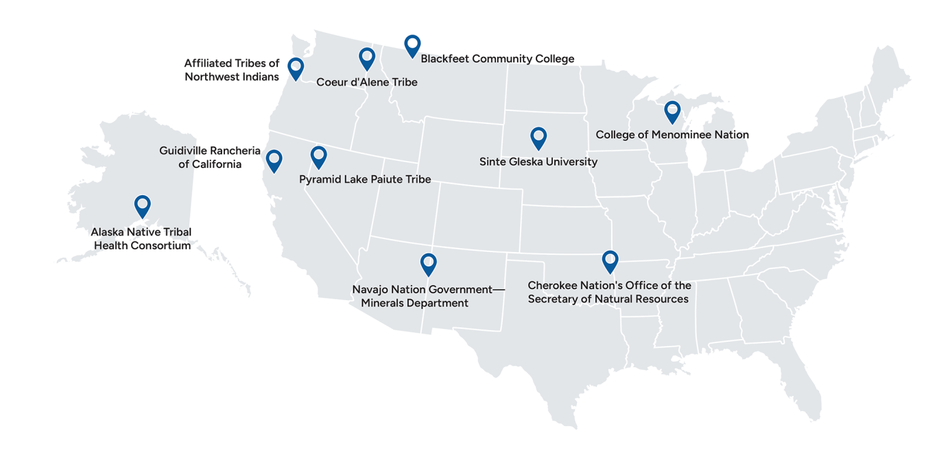 U.S. map with pins denoting 2025 Tribal Host Institutions