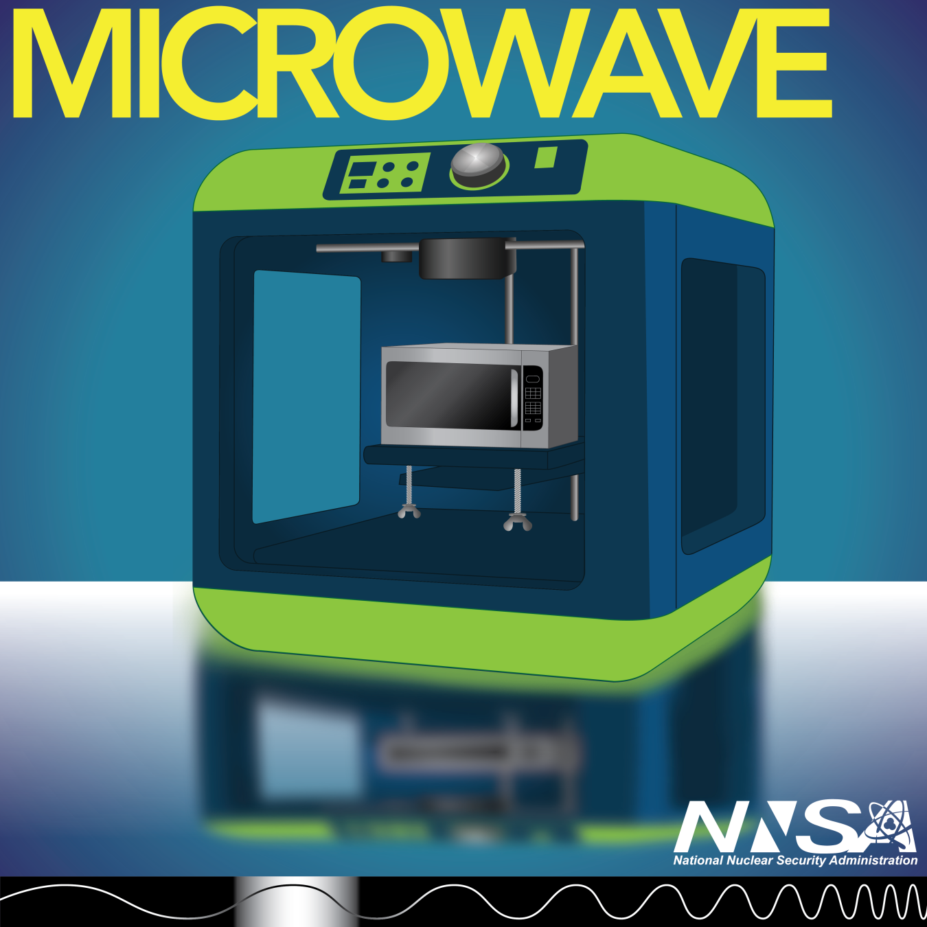 A graphic with an NNSA logo and the word MICROWAVE joined by an illustration of a 3D printer making a microwave oven. The bottom of the illustration depicts where microwaves are on the electromagnetic spectrum.