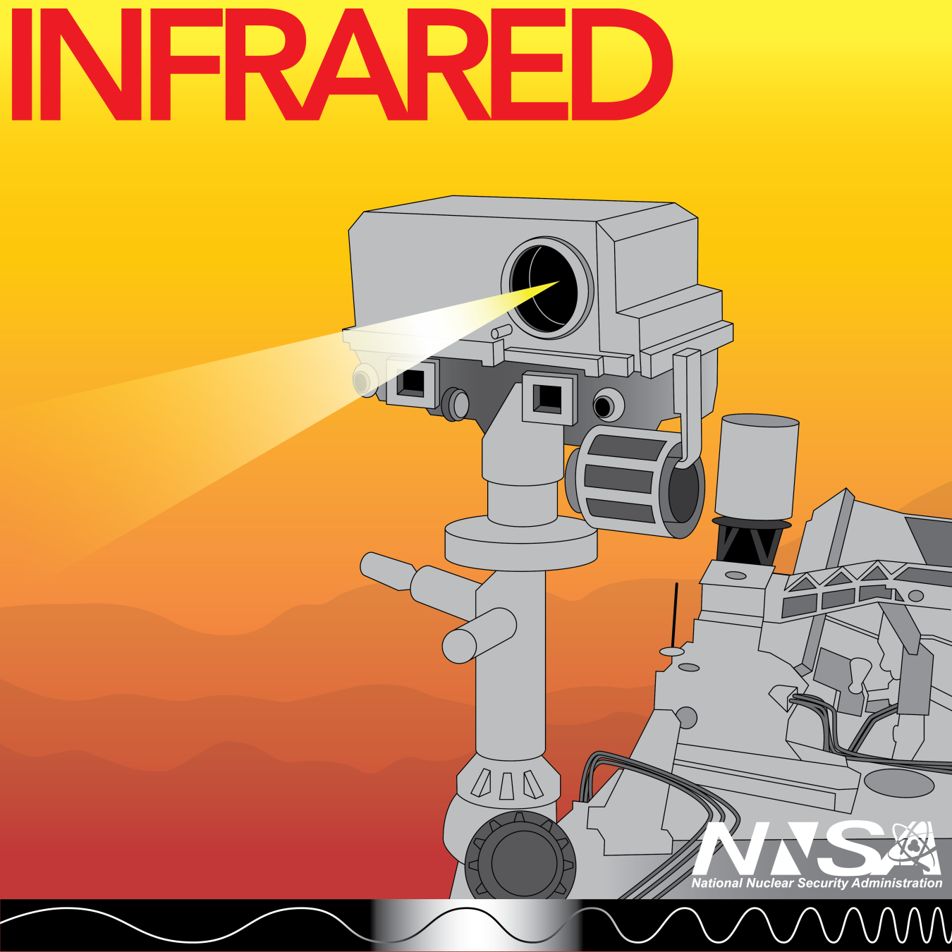 A graphic with an NNSA logo on it and the word INFRARED depicting a Mars rover's infrared camera casting a beam. The bottom of the illustration depicts its place on the electromagnetic spectrum.