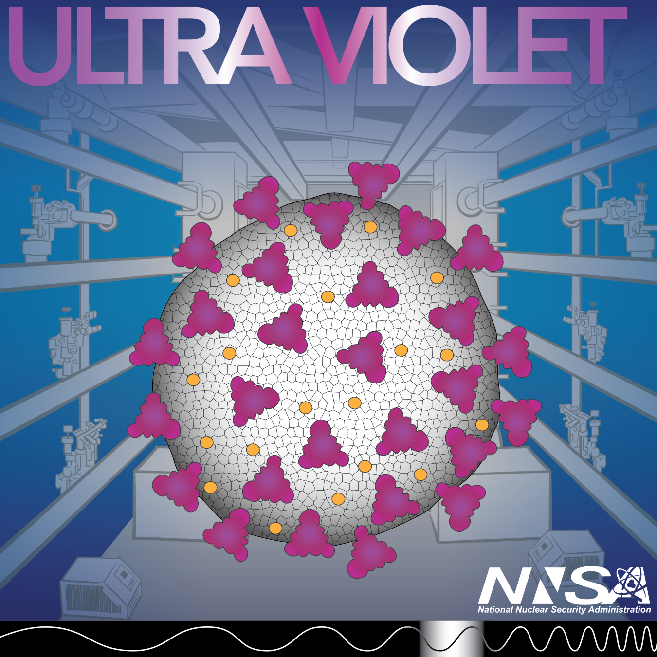 “An illustration with NNSA logo and the word ULTRAVIOLET. The drawing depicts a COVID-19 virus with the pre-amplifier chamber of the National Ignition Facility behind it. The bottom of the graphic shows where ultraviolet light appears on the electromagnetic spectrum.
