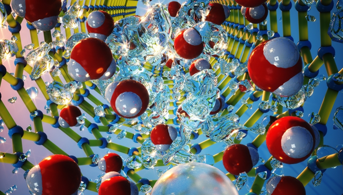 An illustration showing an atomic-level view of water confined in a small-diameter nanotube.
