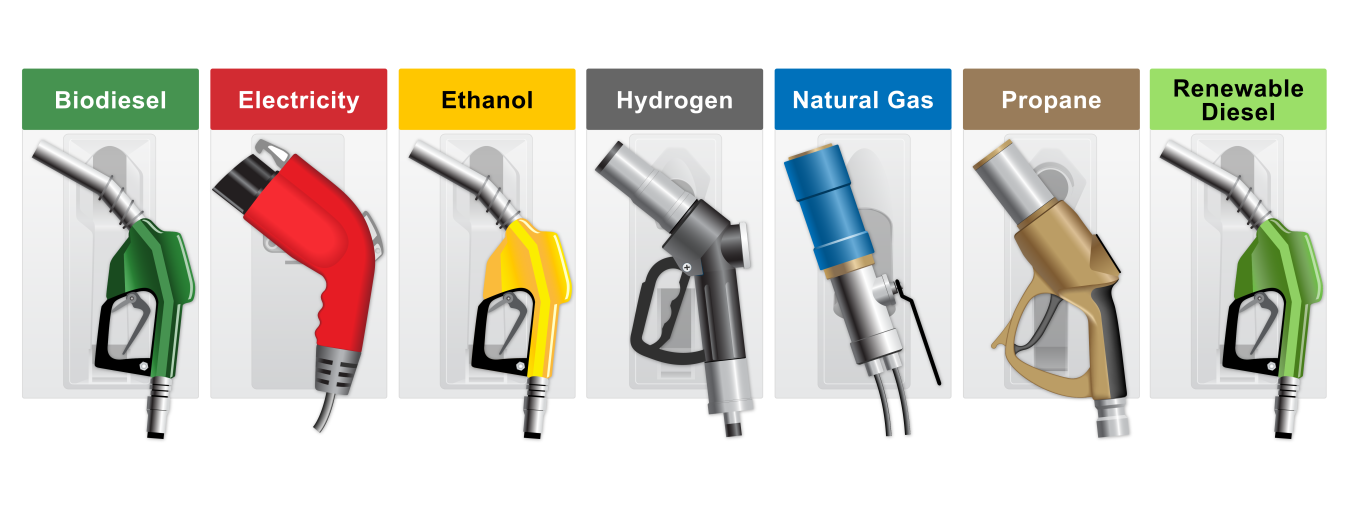 Various pumps to represent alternative fuels: biodeisel, electricity, ethanol, hydrogen, natural gas, propane, and renewable diesel.