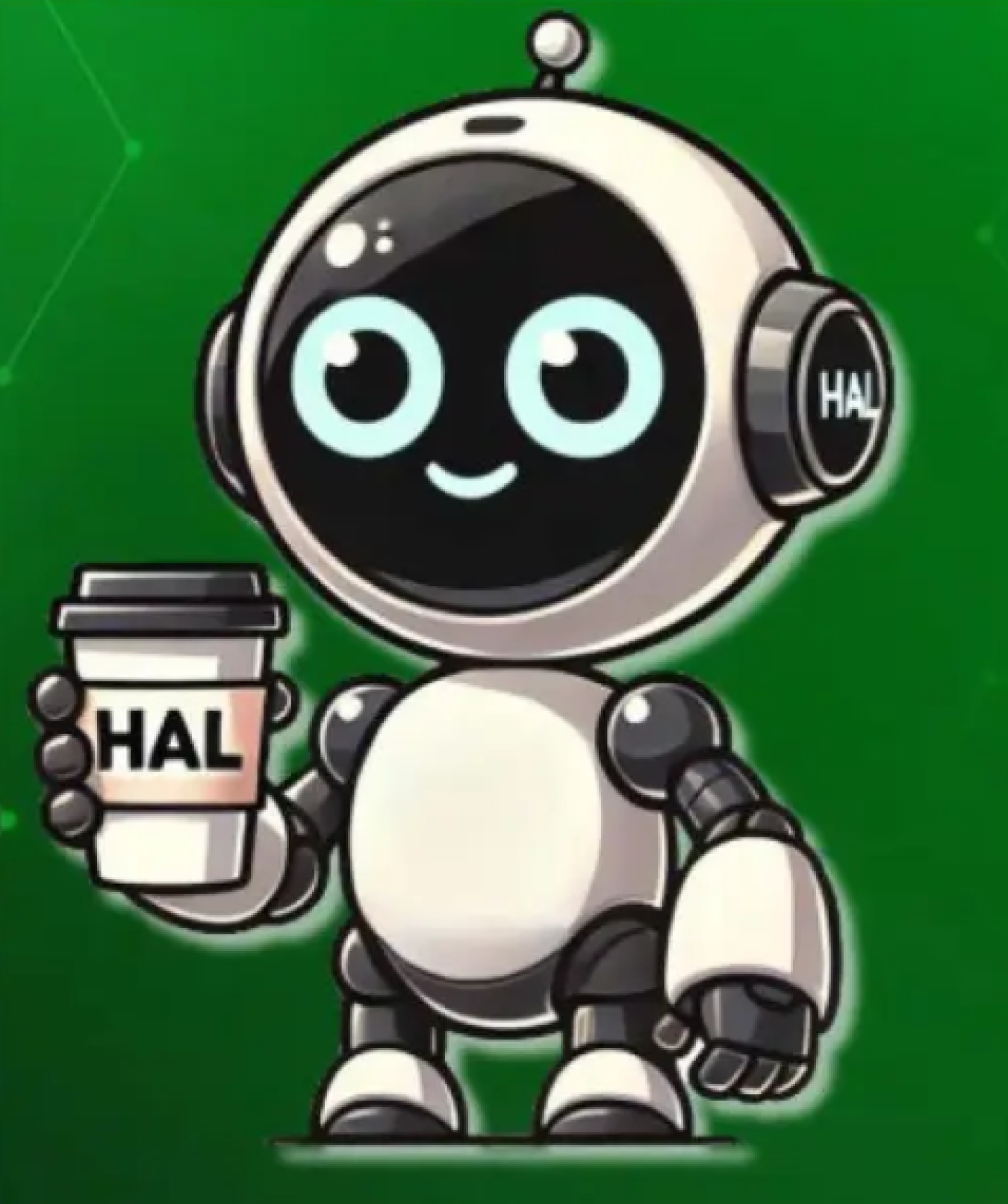 A black and white robot holding a cup of coffee with the word "Hal" written on it