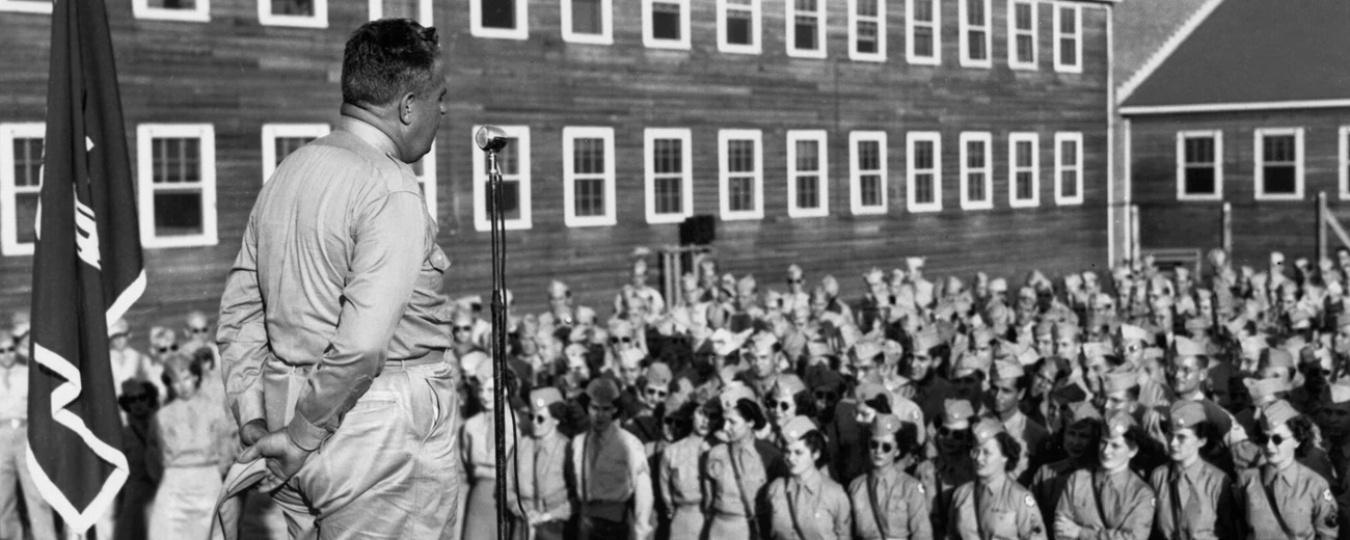 General Leslie Groves talking to soldiers at Oak Ridge, TN, 1945
