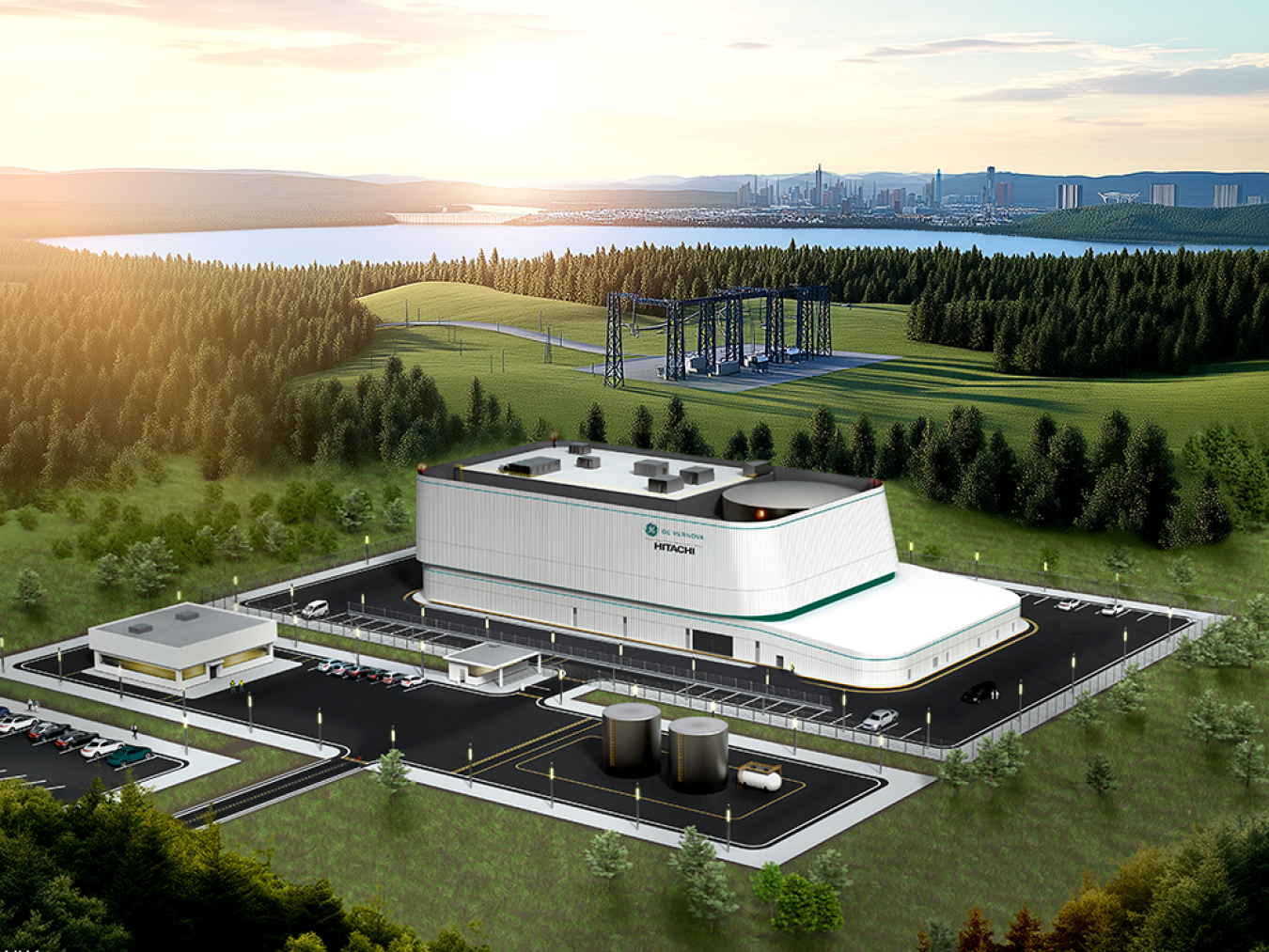 Rendering of GE Vernova Hitachi’s BWRX-300 small modular reactor design, a white building in a wooded area with a city skyline in the distance.