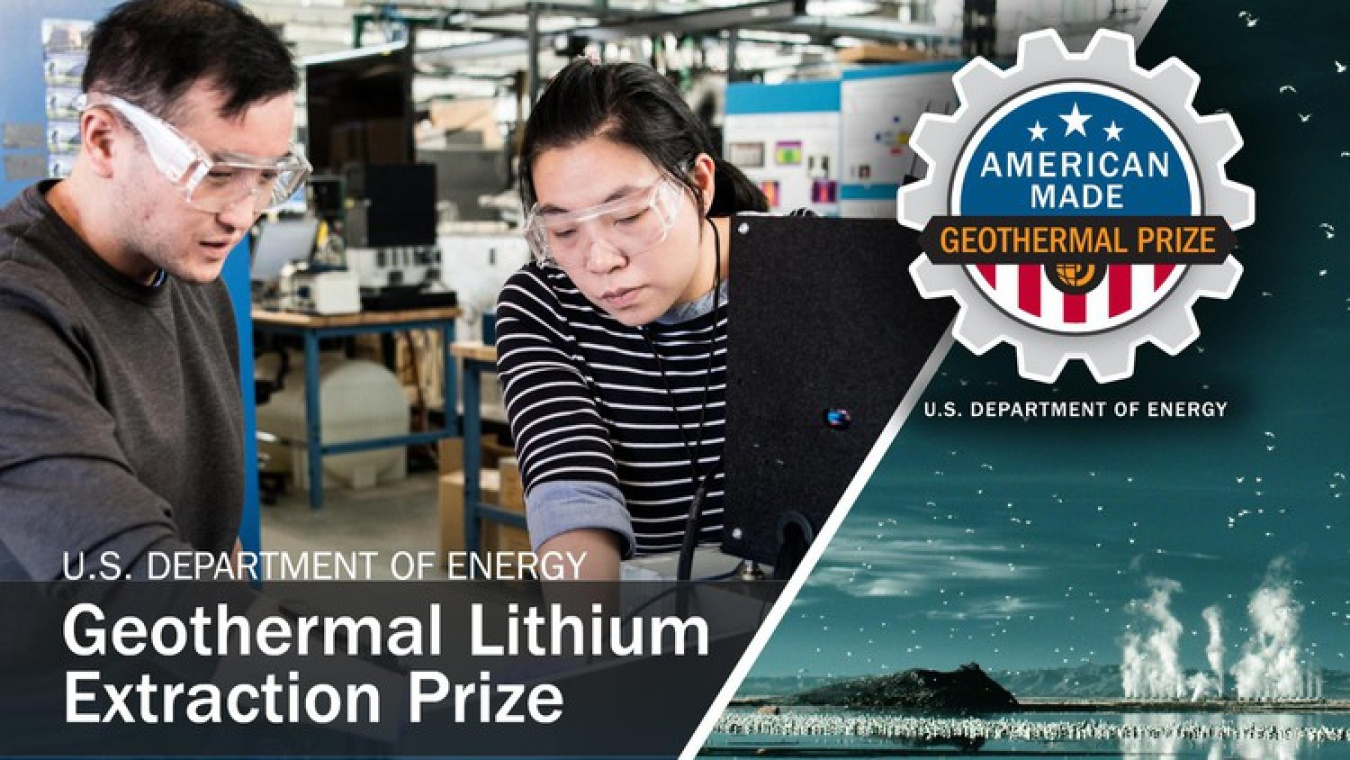 American-Made Geothermal Lithium Extraction Prize graphic | split screen design showing scientists in safety goggles on the left and birds on a geothermal body of water on the right