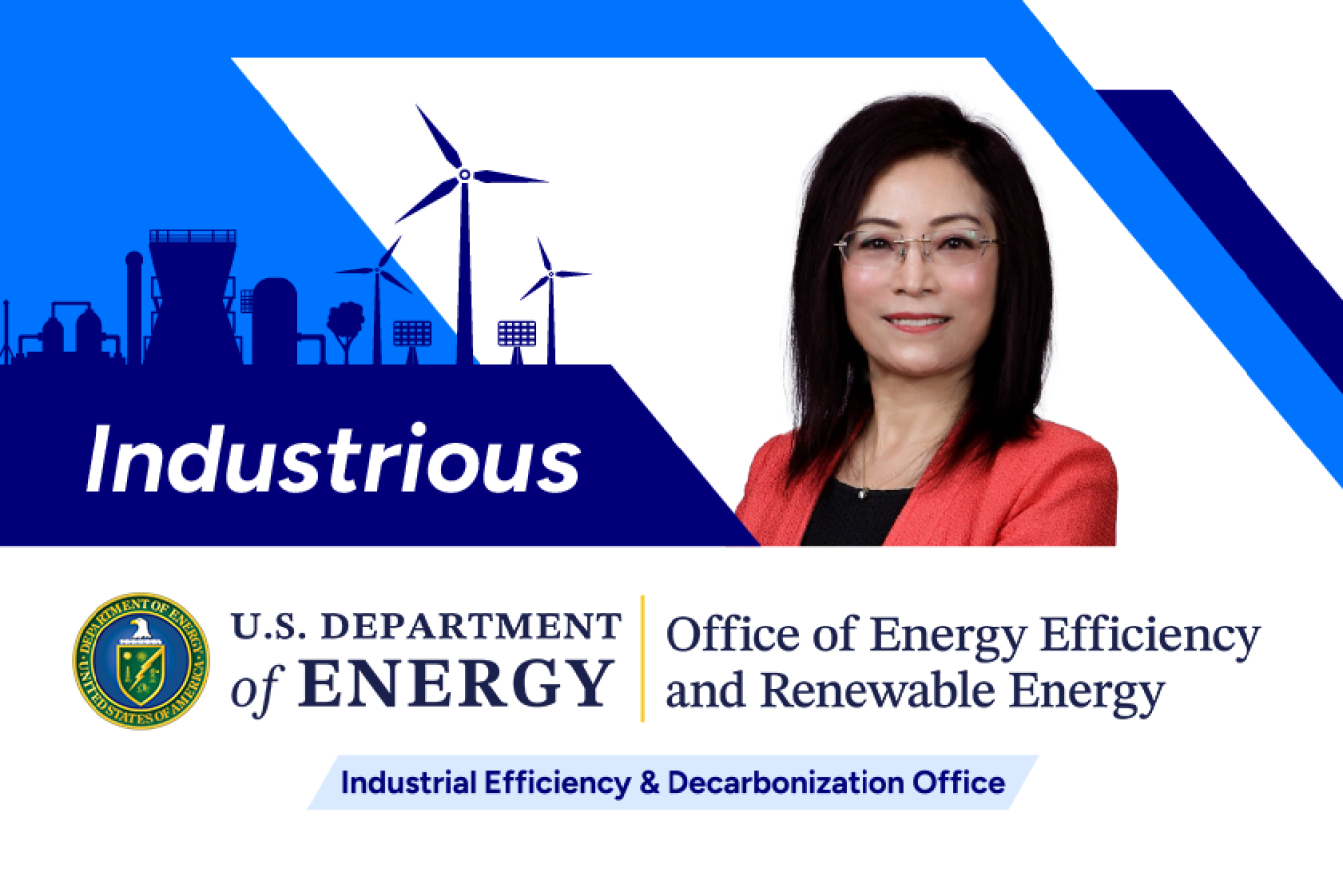 Headshot of Chenn Zhou next to the word "Industrious"