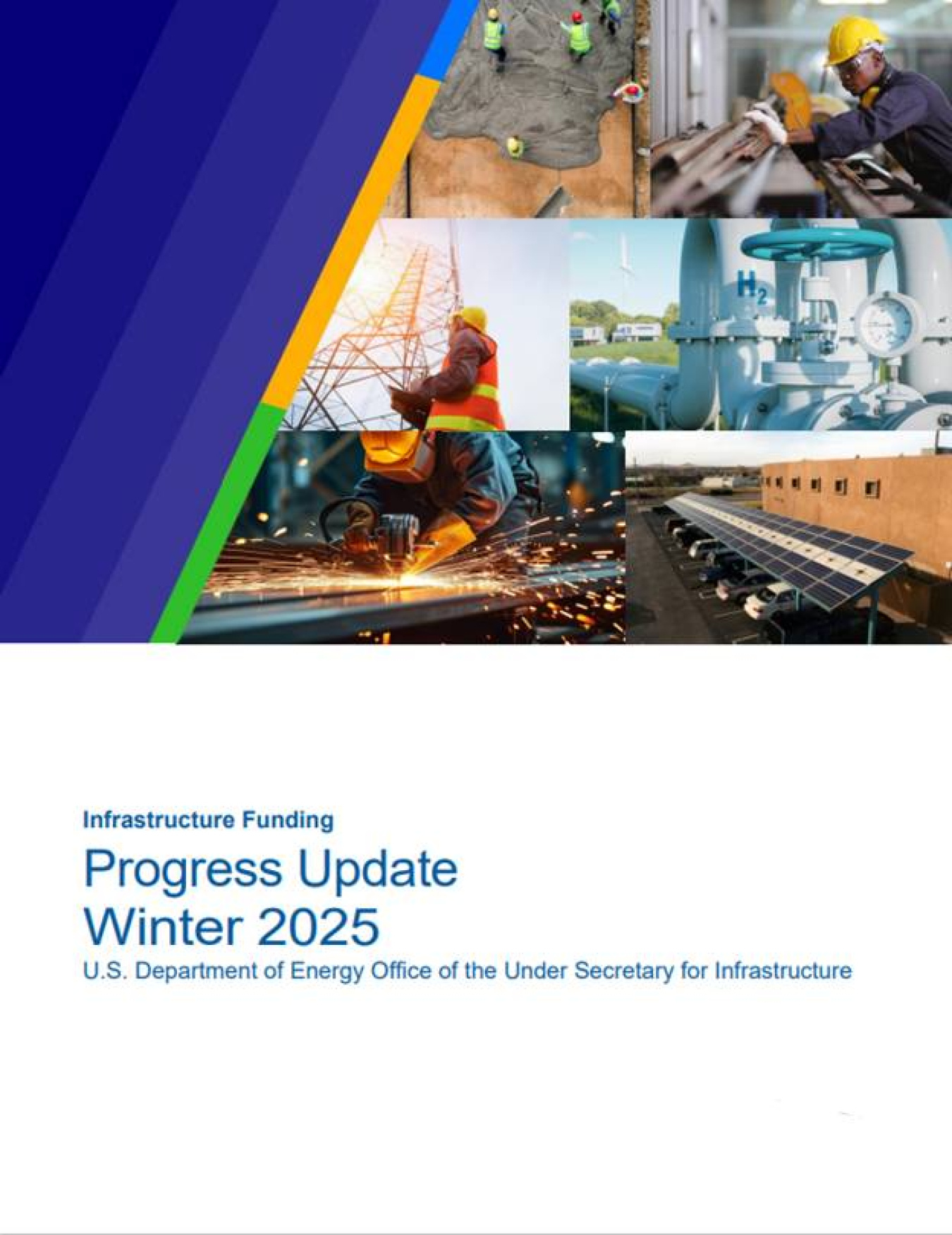 Winter Infrastructure Progress Report Cover Feature Photos of workers laying concrete, a worker in front of a transmission tower, a hydrogen facility, a worker in a manufacturing facility