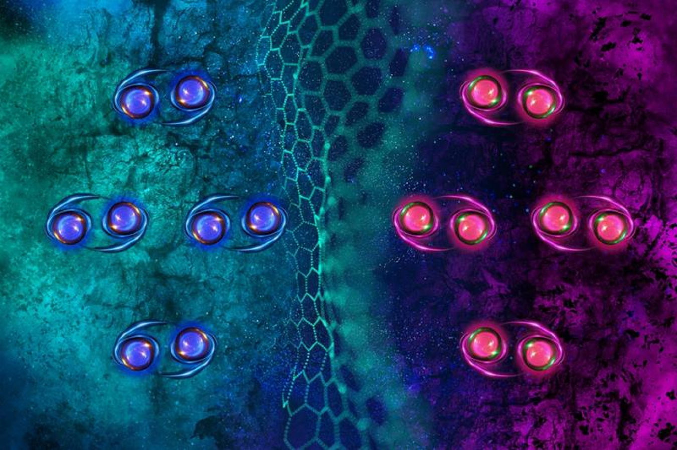 An illustration depicts pairs of superconducting electrons in rhombohedral graphene (the middle lattice structure) that spin in clockwise or counterclockwise direction (corresponding to blue and red colors).