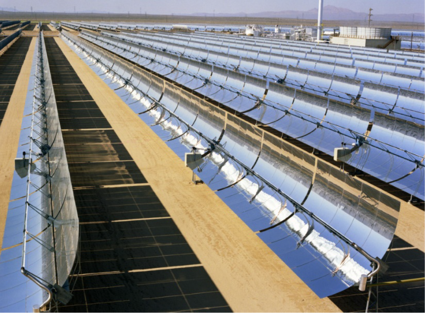 A photo of a concentrating solar power reflector array