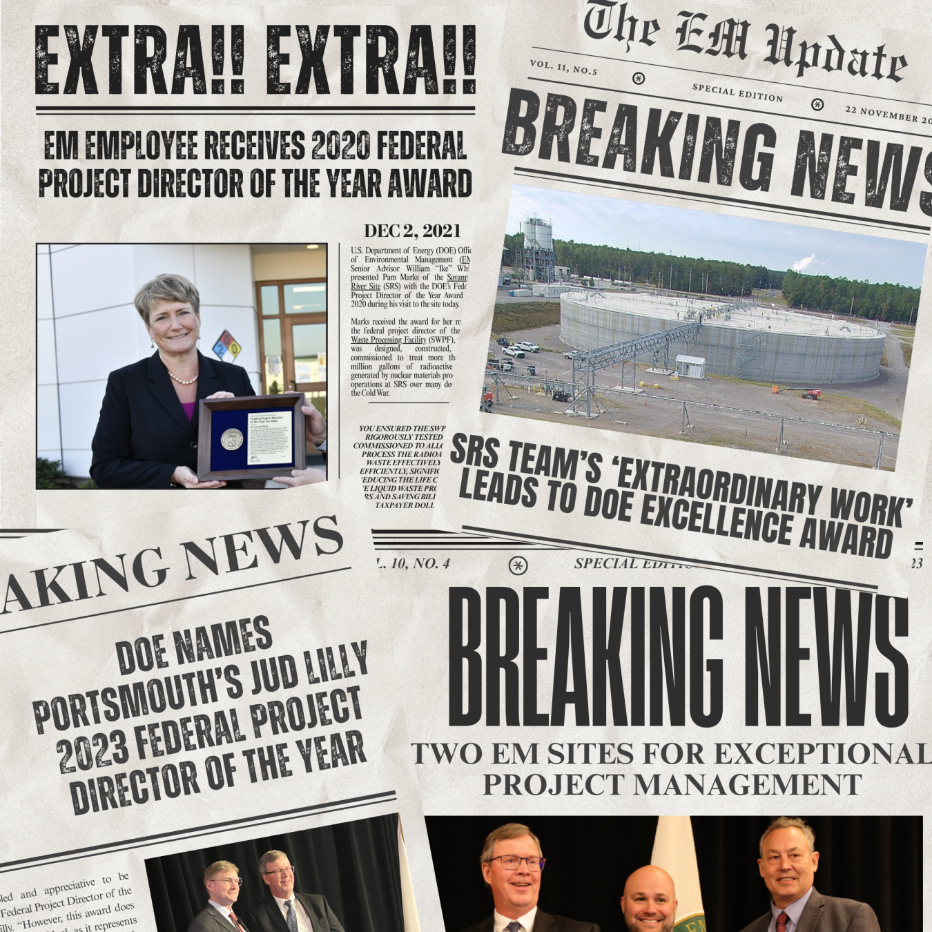 A graphic of four different newspapers with big headlines and images about the Department of Energy