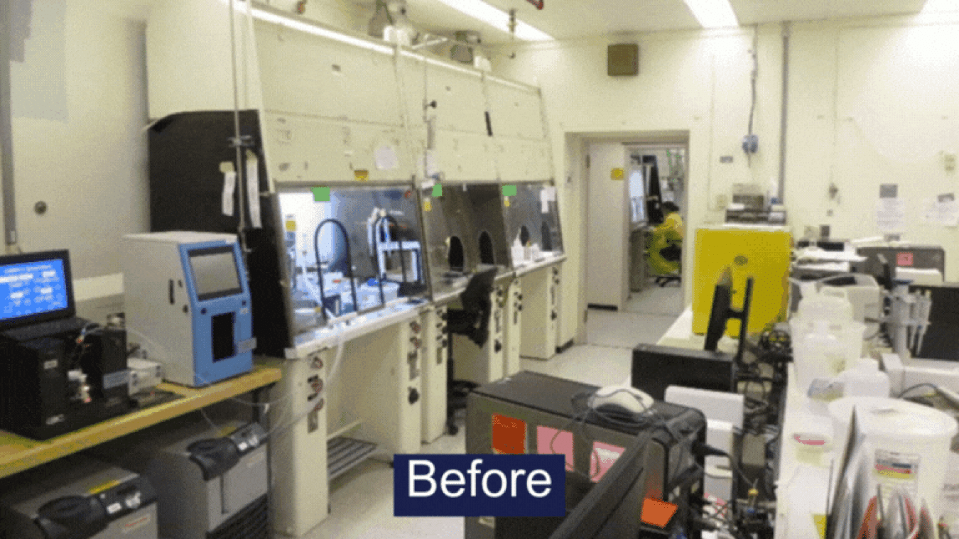 A before and after shot of a laboratory being upgraded at the Hanford Site