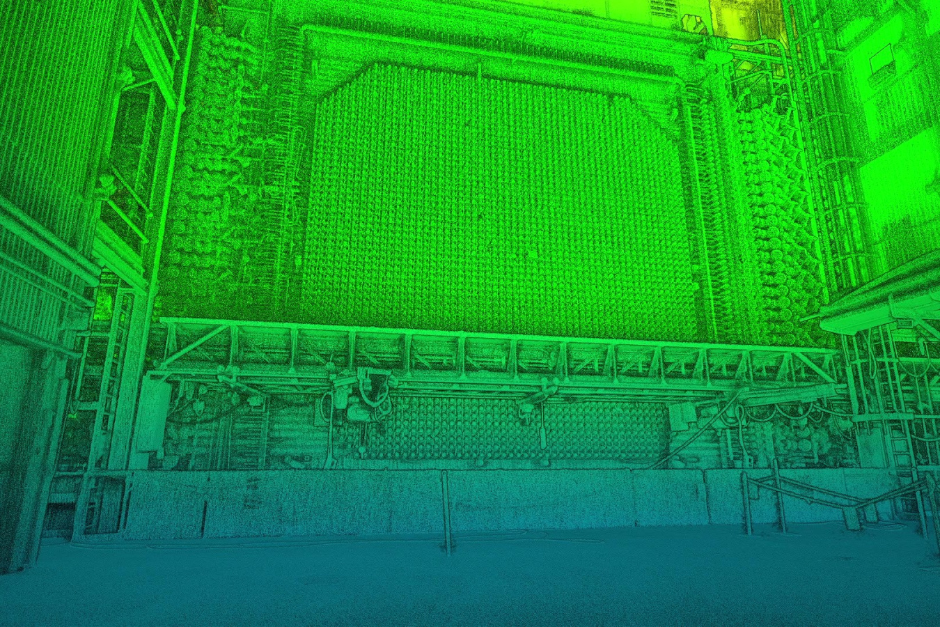 Blue and green Lidar technology inspecting the inside of a facility building