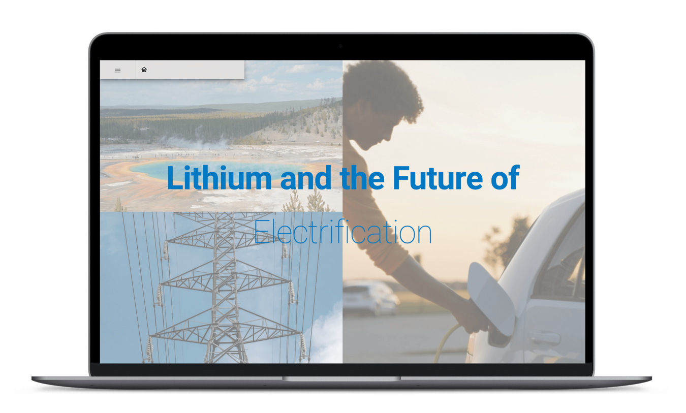 The text Lithium and the Future of Electrification over a grid of three images displaying geothermally-heated water, a transmission tower, and a person charging an electric vehicle, all of which is presented on the screen of an open laptop.