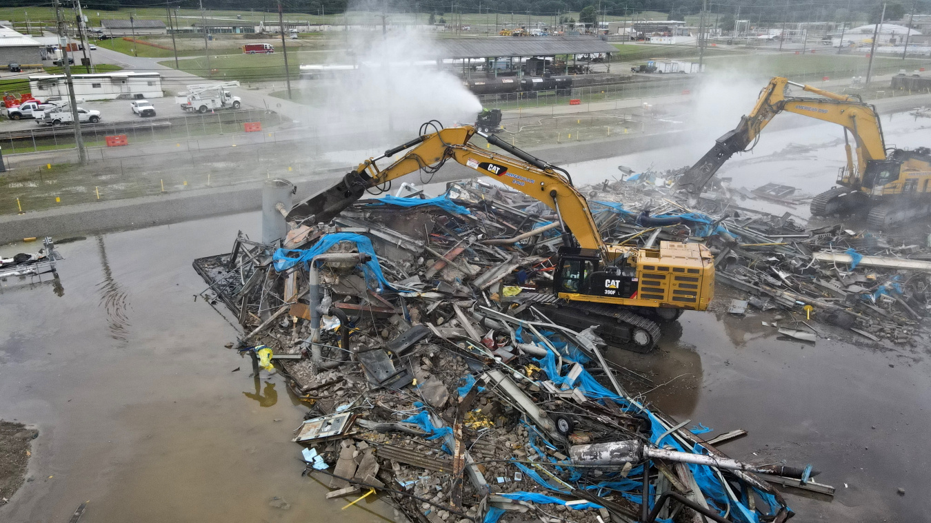 A view of a demolition site at Portsmouth with a yellow crane 
