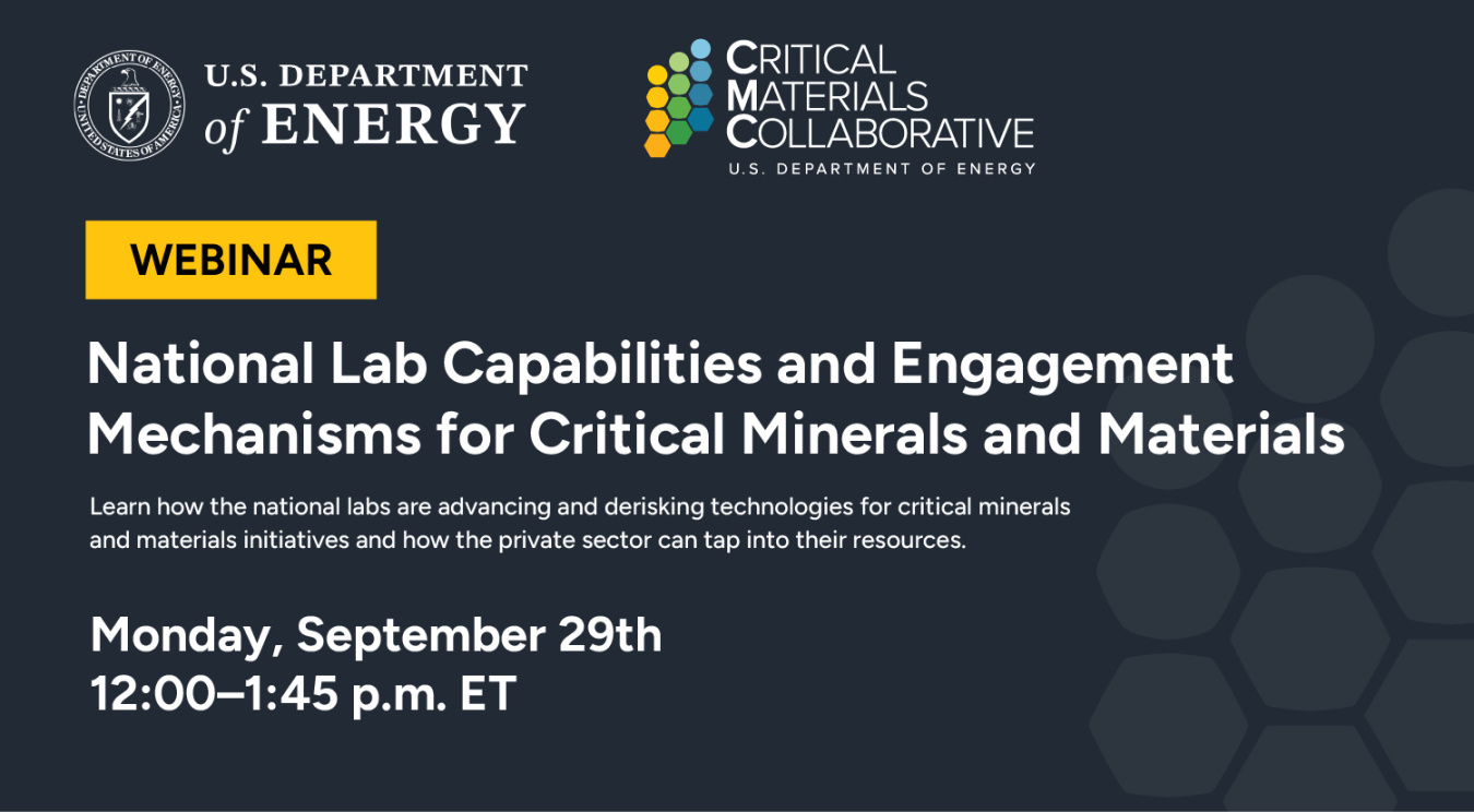National Lab Capabilities and Engagement Mechanisms for Critical Minerals and Materials Webinar graphic with date and time