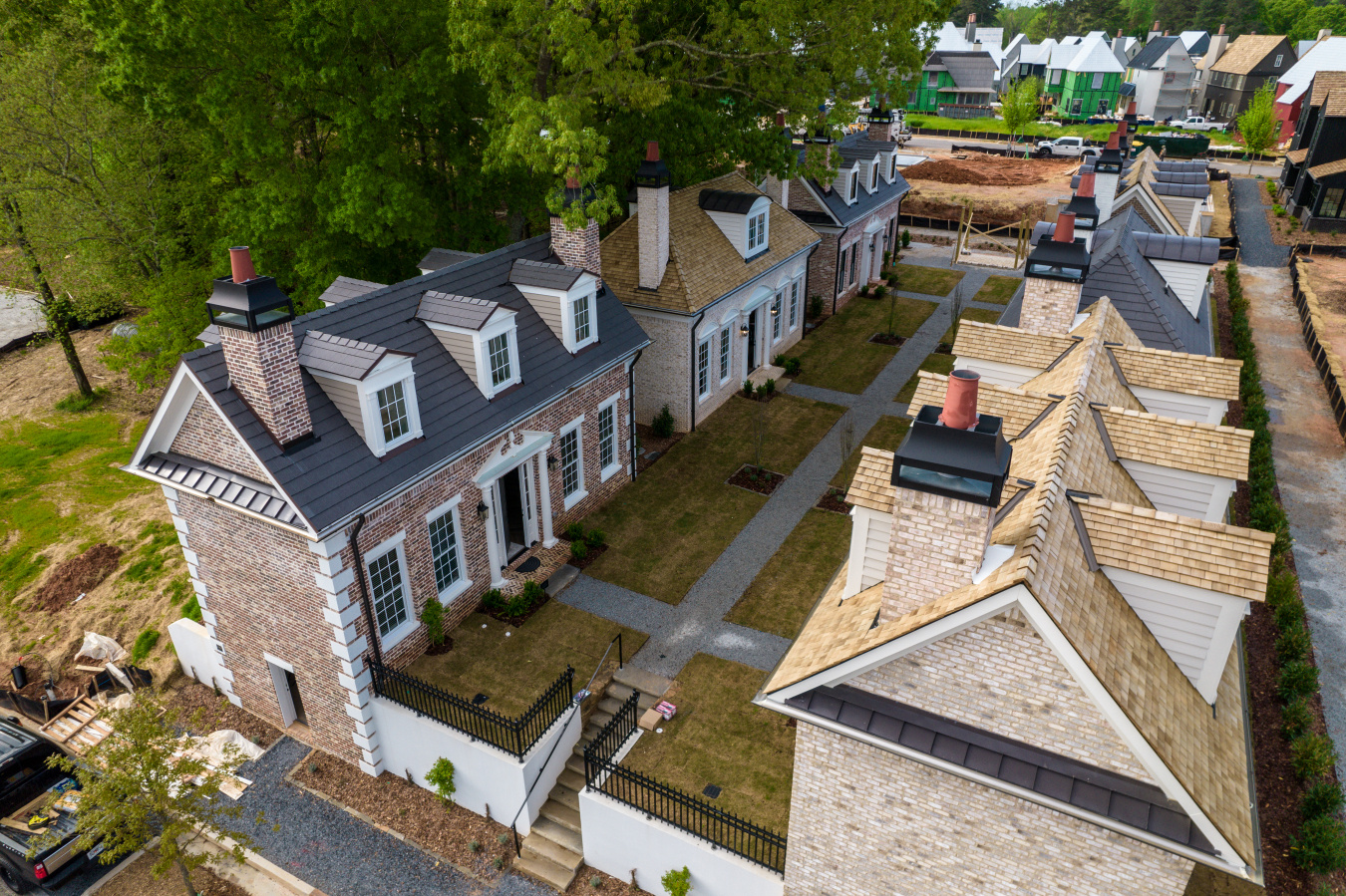 An aerial-view of several single-family homes.